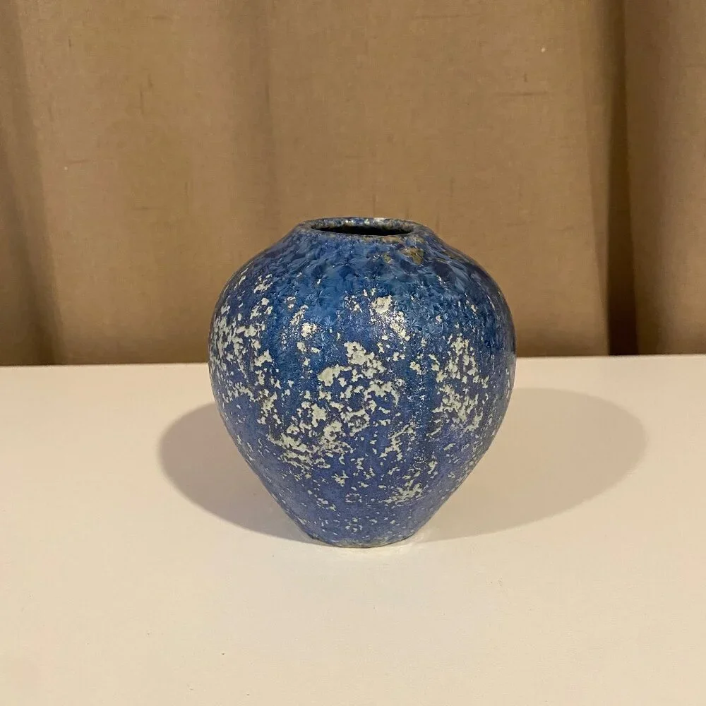 Antique Blue Spongeware Pottery Vase - 6” Small Rustic‎ Vintage Decor